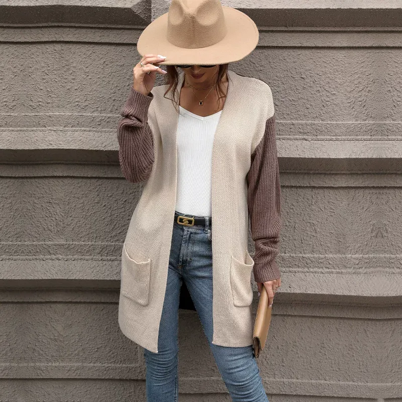 Womens Color Block Cardigan Sweater Long Sleeve Khaki Fall Fashion private label