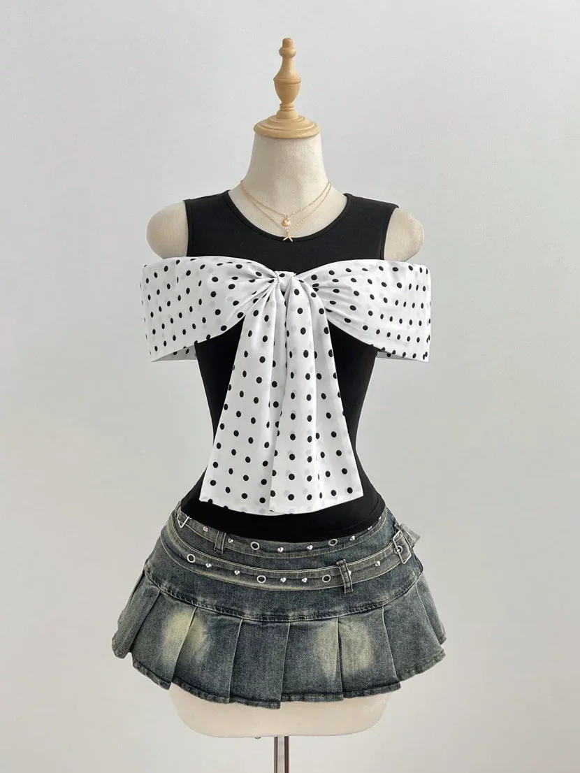 Summer Womens Fitted T Shirt Short Sleeve Bow Tie Detail Polka Dot Print Casual Wear Ready to Ship