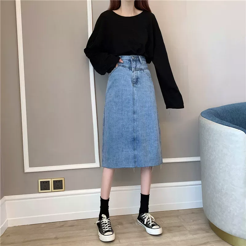 High Waist A Line Denim Skirt for Women Versatile Design with Frayed Hem Casual Summer Wear