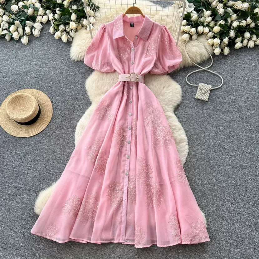 Pink Lantern Sleeve Mesh Dress for Women with Sequin Waist A Line Elegant Long Dress for Summer Casual Wear Wholesale