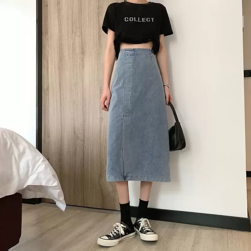 High Waist A Line Denim Skirt Vintage Style Mid Length Design Casual Wear for Spring and Summer