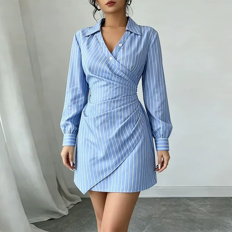 V Neck Striped Pleated Bodycon Dress for Women Elegant Summer Style Available in Blue Wholesale Sizes S to 3XL