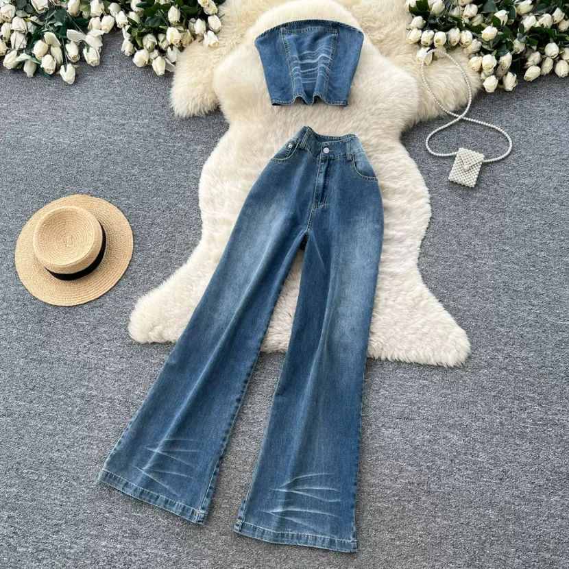 Vintage Denim Two Piece Set for Women Casual High Waist Wide Leg Pants and Sleeveless Top Summer Wear Wholesale