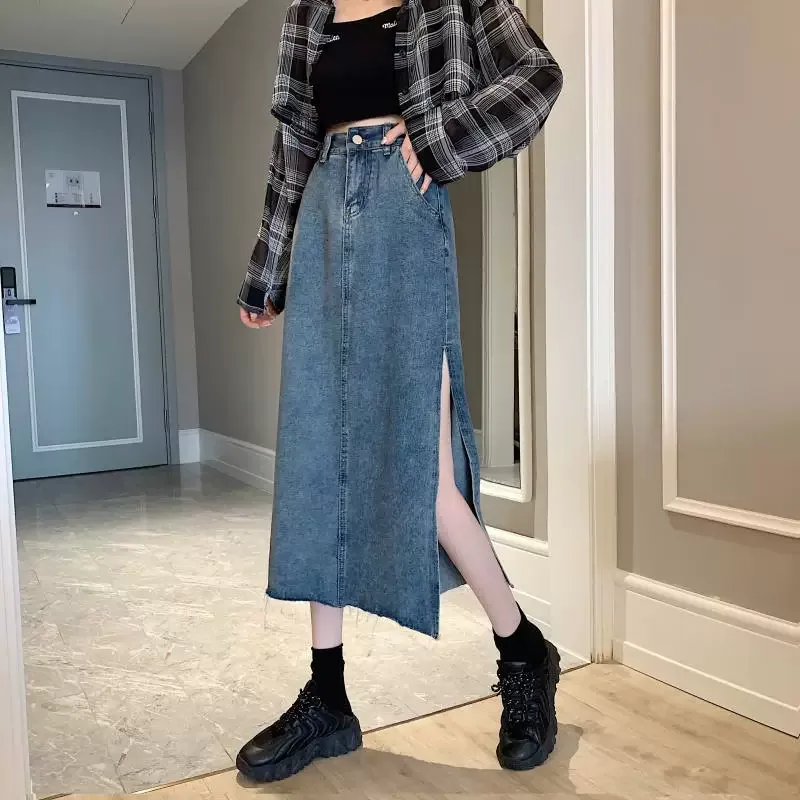 High Waisted A Line Denim Skirt Vintage Style Irregular Split Mid Length Spring Summer Fashion Wholesale Availab