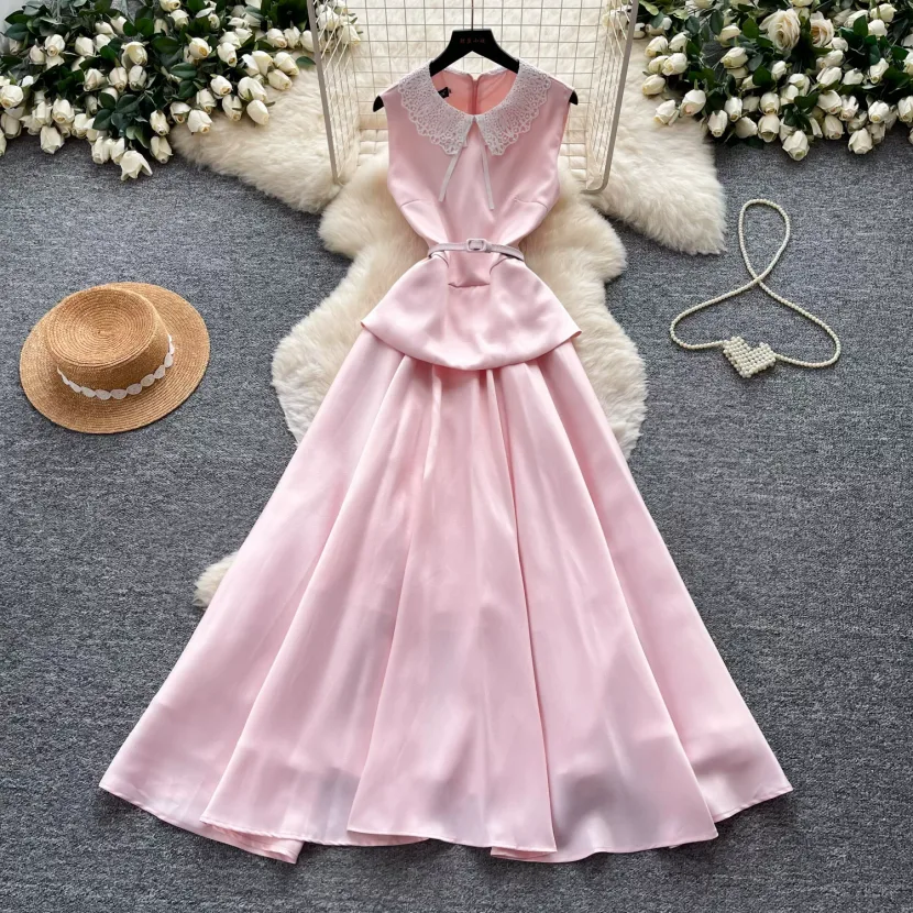 Lace Peter Pan Collar A Line Dress for Women in Red High Waist Elegant Long Dress for Summer Casual Wear Wholesale