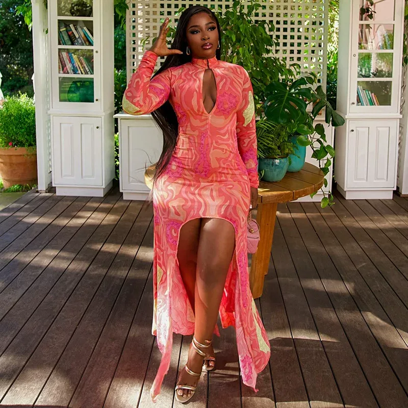 Deep V Neck Hollow Out High Slit Bodycon Dress Floral Print Spring Summer Beach Vacation Wholesale Available