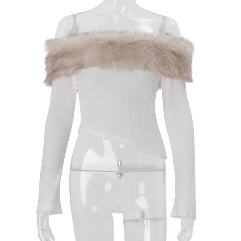 Womens Winter Top Sexy Off Shoulder Design Irregular Long Sleeve with Fur Collar Slim Fit Perfect for Casual or